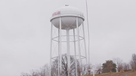 wide shot of water tower in a rural town