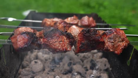 grilled pork skewers on a charcoal grill