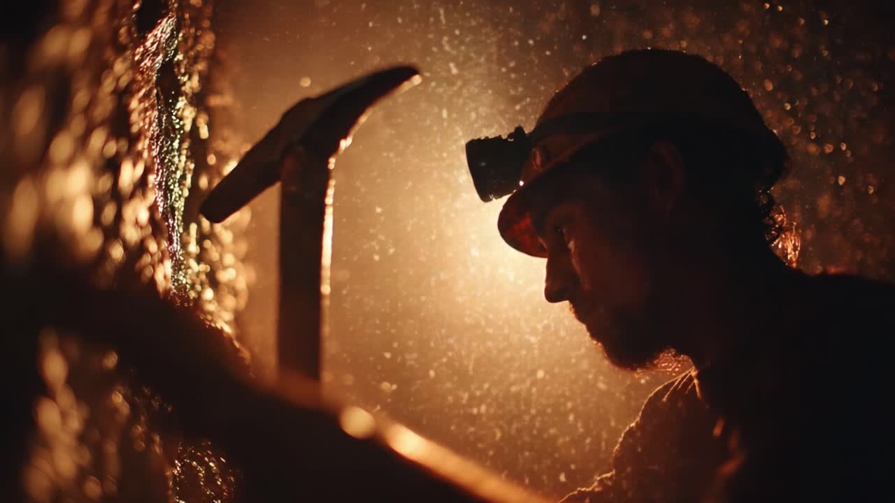 A Dedicated Miner Working Under Harsh Conditions, Using a Pickaxe to Extract Minerals from the Ground, Surrounded by Dust and Glistening Water Droplets in the Dim Light