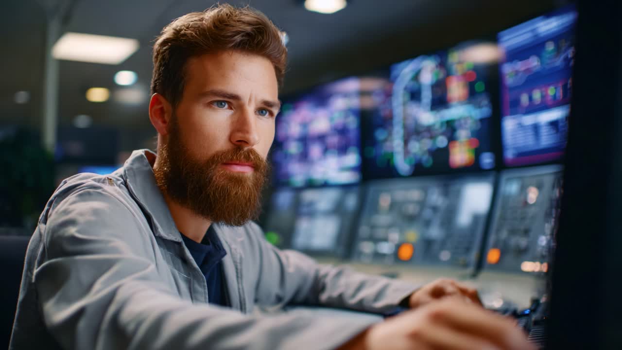 Focused Operator Monitoring Data on Control Panel Screens in a High-Tech Environment, Demonstrating Precision and Concentration in a Dynamic Setting