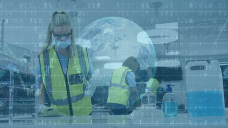 digital video shows office disinfection and stats during covid-19 with masked colleagues.
