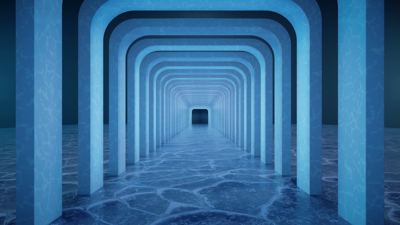 avanzando en el túnel con la superficie del suelo de hielo, renderización 3d.