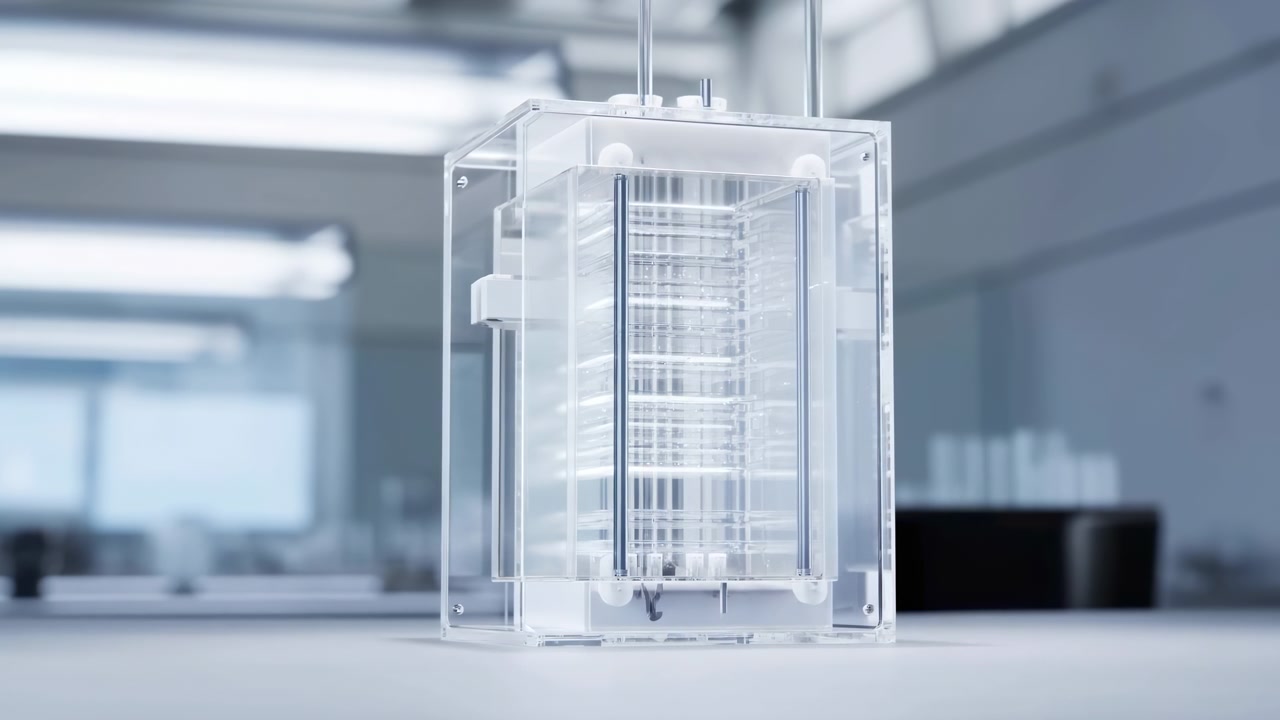 Vista frontale ravvicinata di un contenitore rettangolare trasparente su un piano d'appoggio chiaro, che mostra vassoi interni a strati, aste metalliche lucidate e uno spazio di lavoro moderno e minimale con luce fredda e soffusa per ispezione tecnica.