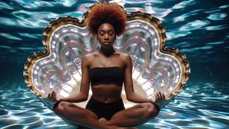 woman meditating in a giant pearl shell underwater