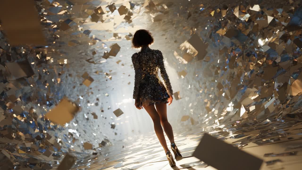 Una donna con un abito scintillante che cammina attraverso un tunnel di specchi