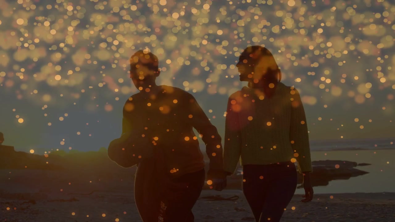 Vertikal video: Solnedgång, par går hand i hand vid strandkanten, en person håller en filt, bokeh.