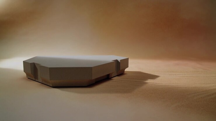 Panning camera revealing right facets of octagon platform, left light casting shadow, copy space