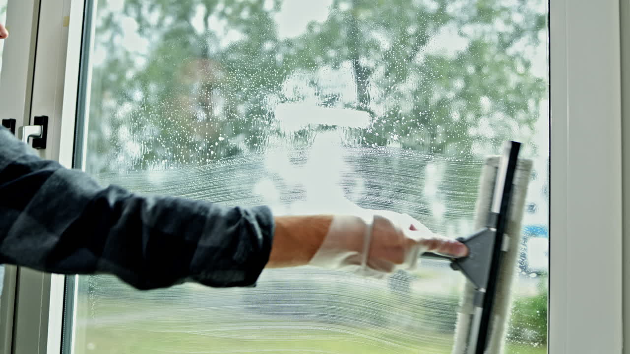 Close-up of a man's hand with a mop for washing windows. A professional cleaning company man washes windows in a house with detergent. Professional house cleaning