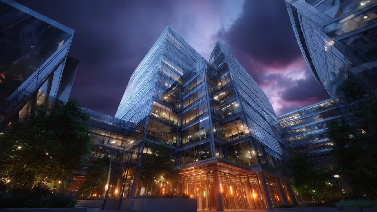 Splendido design architettonico moderno di un edificio a più piani sotto cieli suggestivi al crepuscolo, che mette in mostra facciate in vetro e un'illuminazione calda e accogliente
