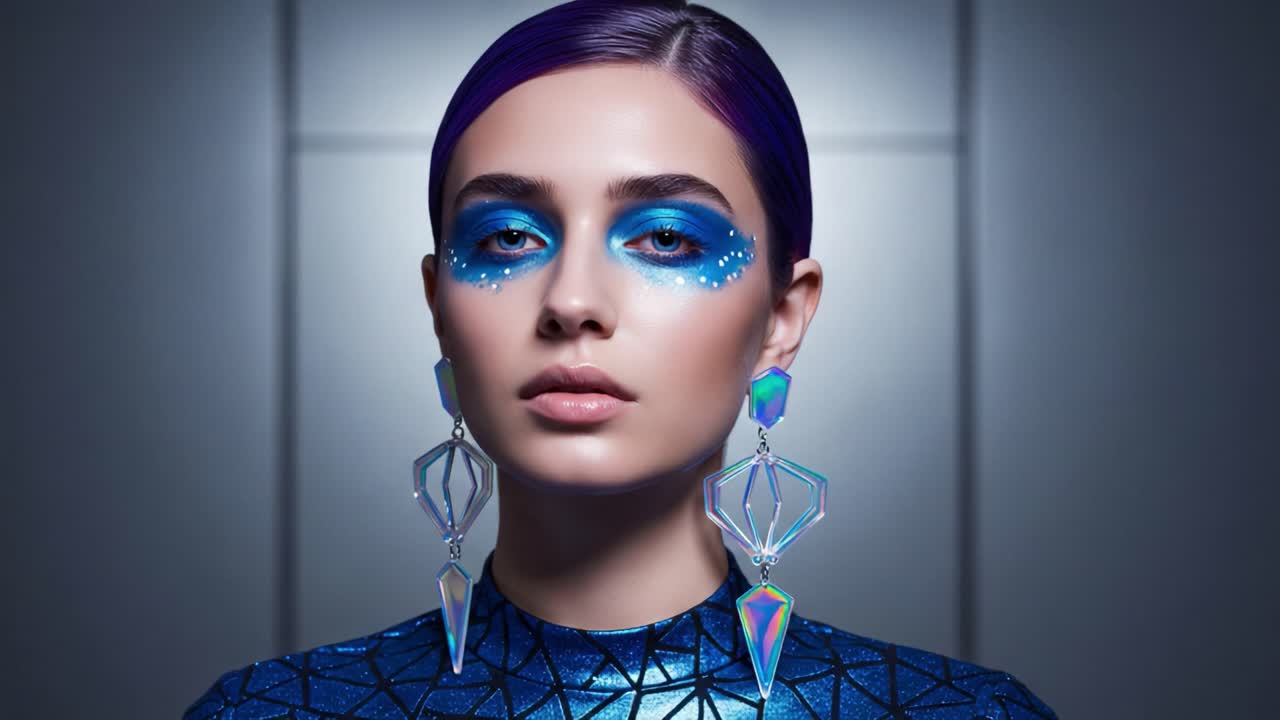 Elegant Portrait of a Model Showcasing Stunning Blue Makeup and Geometric Earrings, Emphasizing Contemporary Fashion and Artistic Expression in a Modern Setting