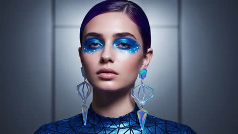 elegant portrait of a model showcasing stunning blue makeup and geometric earrings, emphasizing contemporary fashion and artistic expression in a modern setting