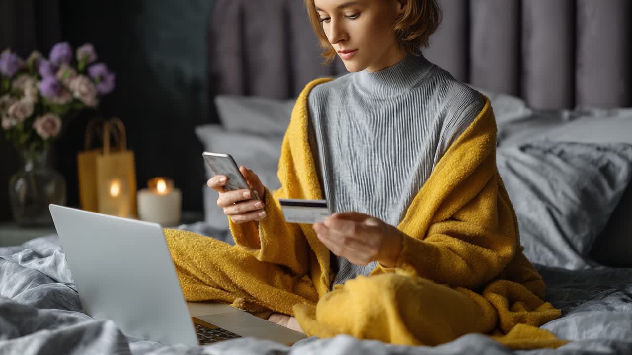 Engaged in Online Shopping: A Cozy Evening of Browsing and Buying with a Smartphone and Laptop in a Relaxing Bedroom Setting