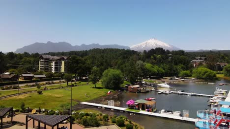 aerial shot of pucon and villarica volcano