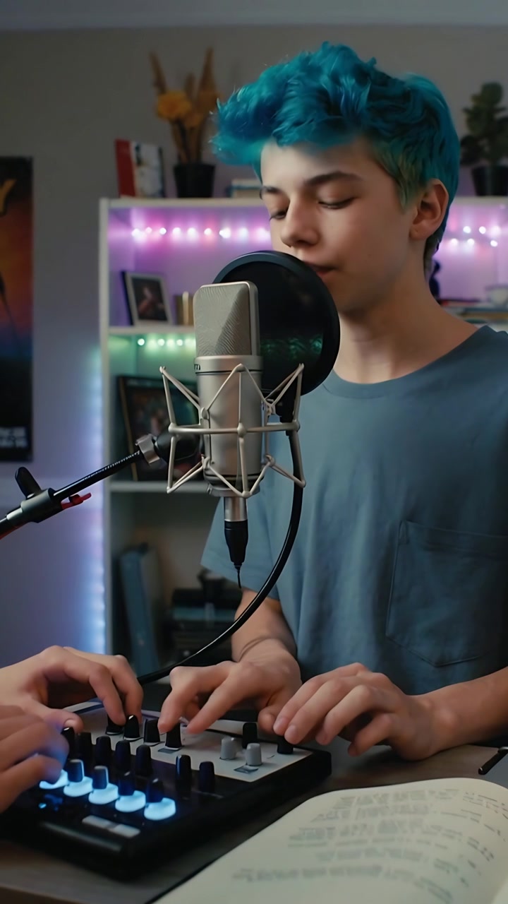 Video verticale: Adolescente dai capelli blu canta, chinata al microfono alla scrivania, mentre un tecnico accorda i pad MIDI per la registrazione.