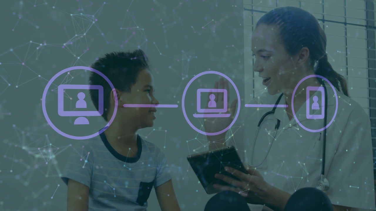 Doctor consulting young patient with digital network connections overlay animation