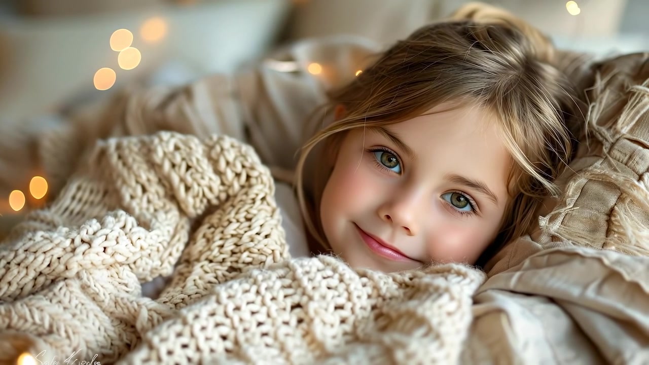 Menina jovem com olhos verdes deitada sob cobertor de tricô. Retrato em close-up de uma criança pequena deitada sob um cobertor de tricô bege com luzes bokeh quentes.