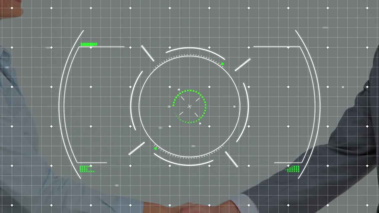 animación de escaneo de alcance sobre hombres de negocios caucásicos estrechando la mano.