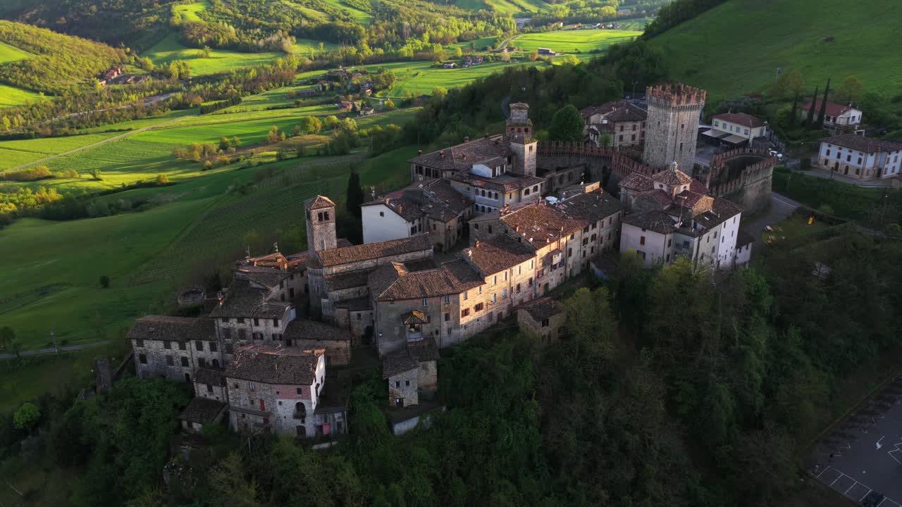 Historic fortified village of Vigoleno, with castle on a hill. Emilia-Romagna, Italian heritage, Italy, aerial