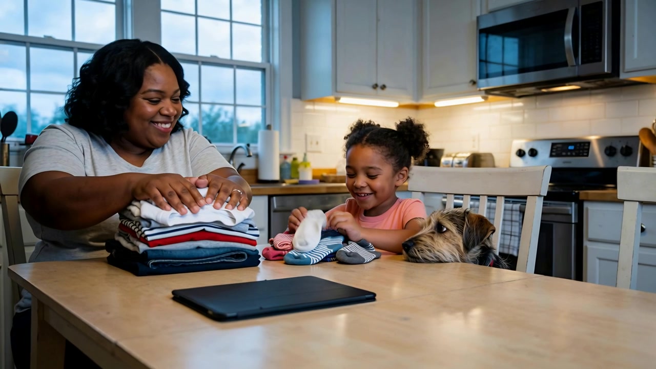 Folding mother-daughter sorting socks at kitchen table, stacking pile with tablet and dog watching