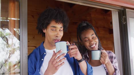 Montaje-De-Feliz-Pareja-Afroamericana-En-El-Campo-Y-Cabaña-De-Madera-Juntos,-Cámara-Lenta