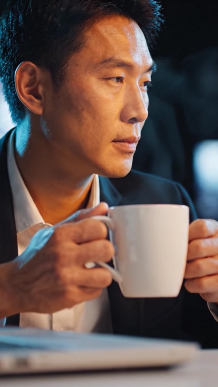 Un individuo concentrato che gusta una bevanda calda mentre è immerso nella contemplazione, esemplificando momenti di riflessione e tranquillità in un ambiente frenetico