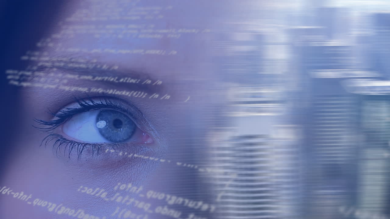 animazione dell'elaborazione dei dati sull'occhio di una donna caucasica