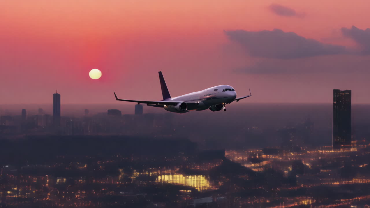 el avión despega contra el telón de fondo de la ciudad al atardecer