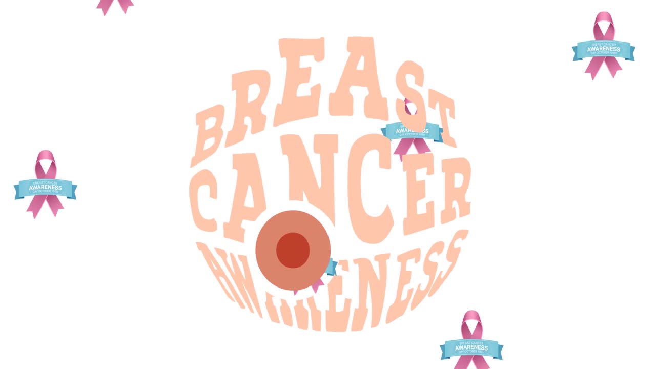 Animation of multiple pink ribbon logo and breast cancer text appearing on white background