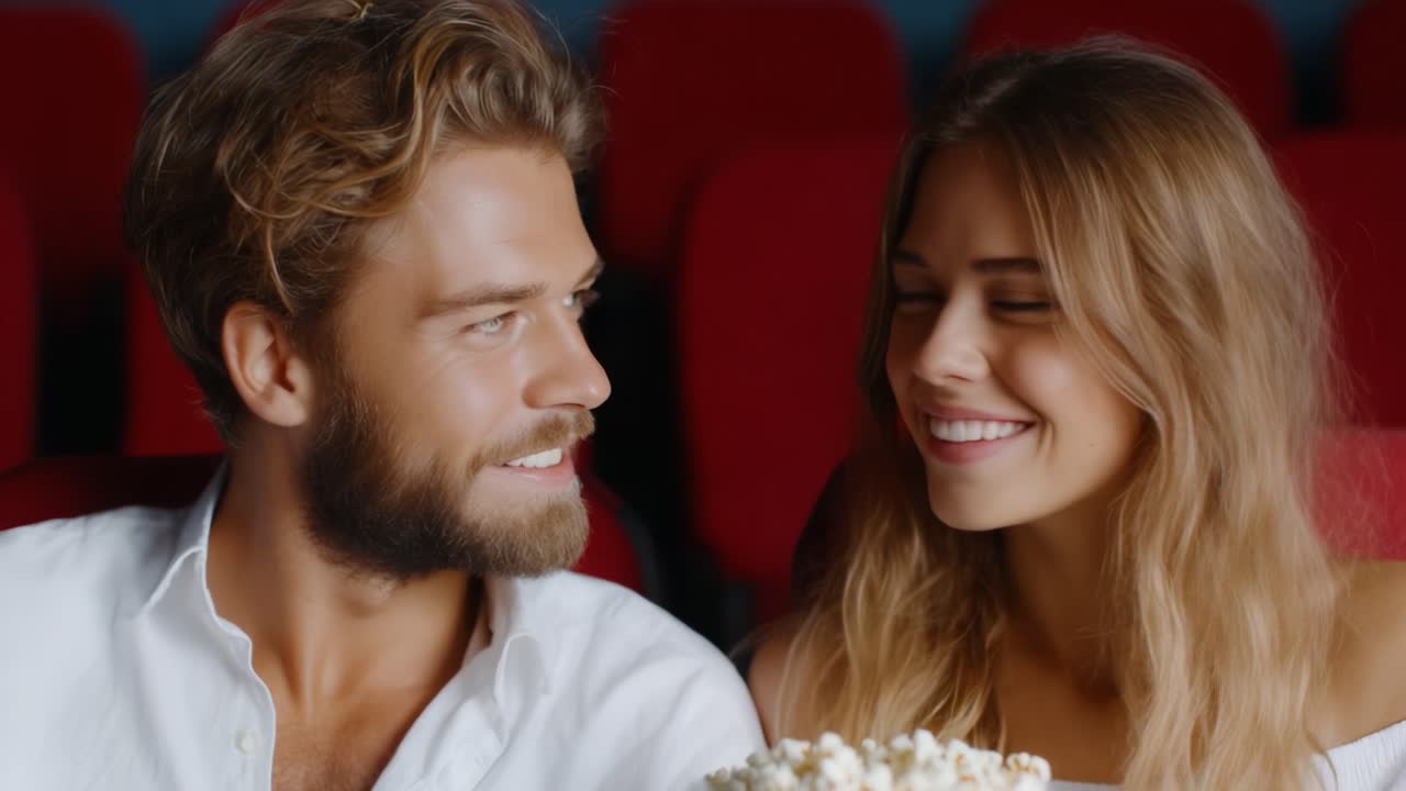 A Joyful Evening at the Movies: A Couple Sharing Smiles and Popcorn in a Theater Setting, Capturing the Essence of Fun and Togetherness During Their Film Experience