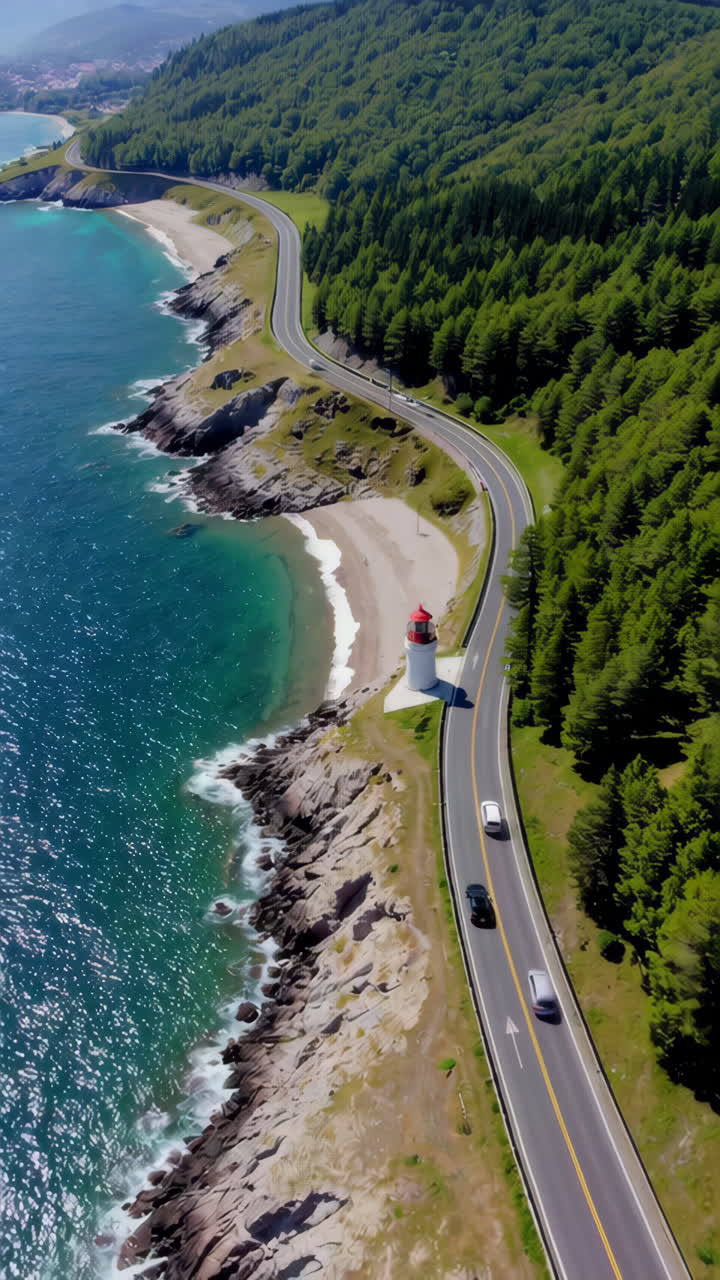Aerial View of Coastal Road and Lighthouse