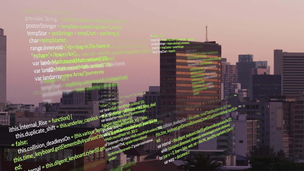 Animation of green code lines overlaying cityscape, showcasing digital technology theme