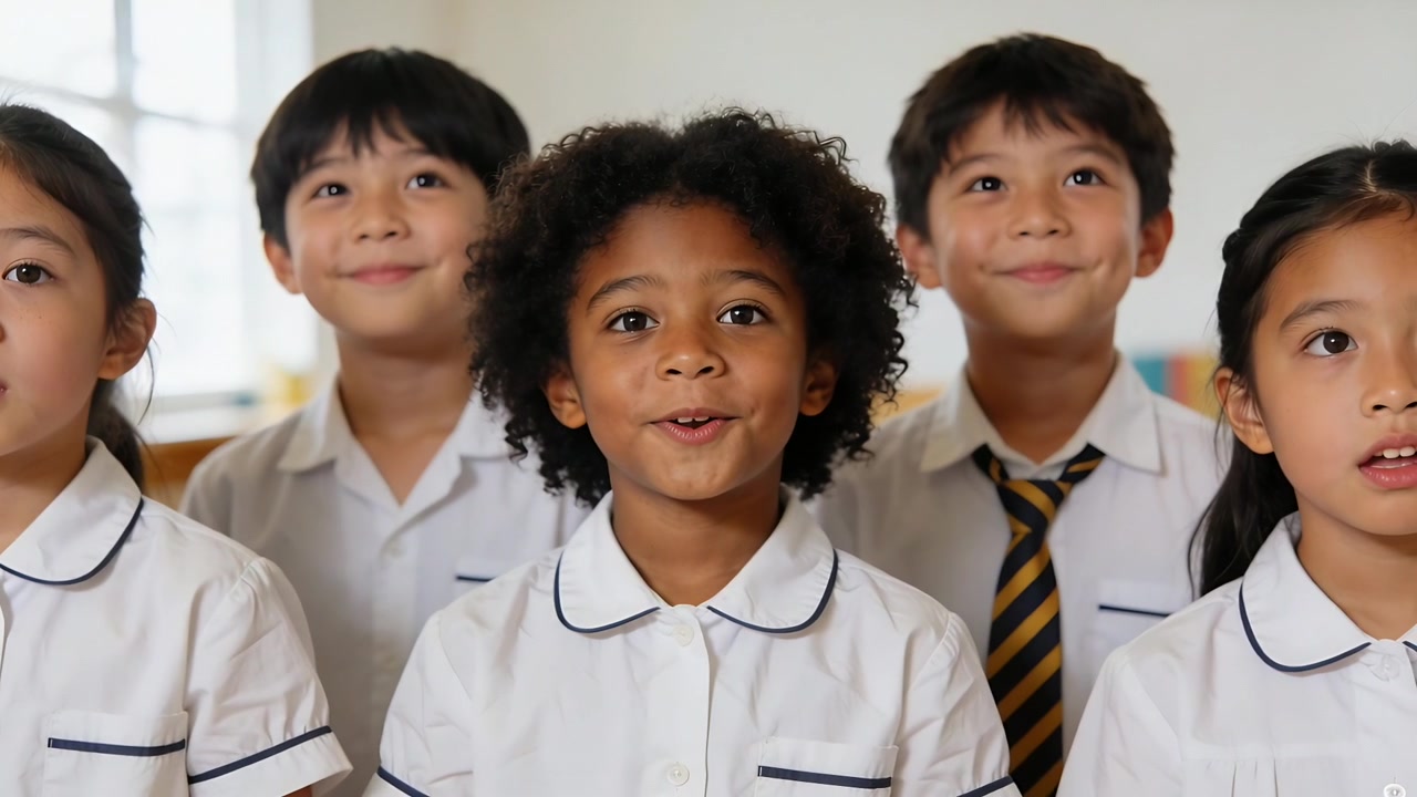 Responding to prompt, five pupils smiling clapping at school wearing white uniforms and striped tie