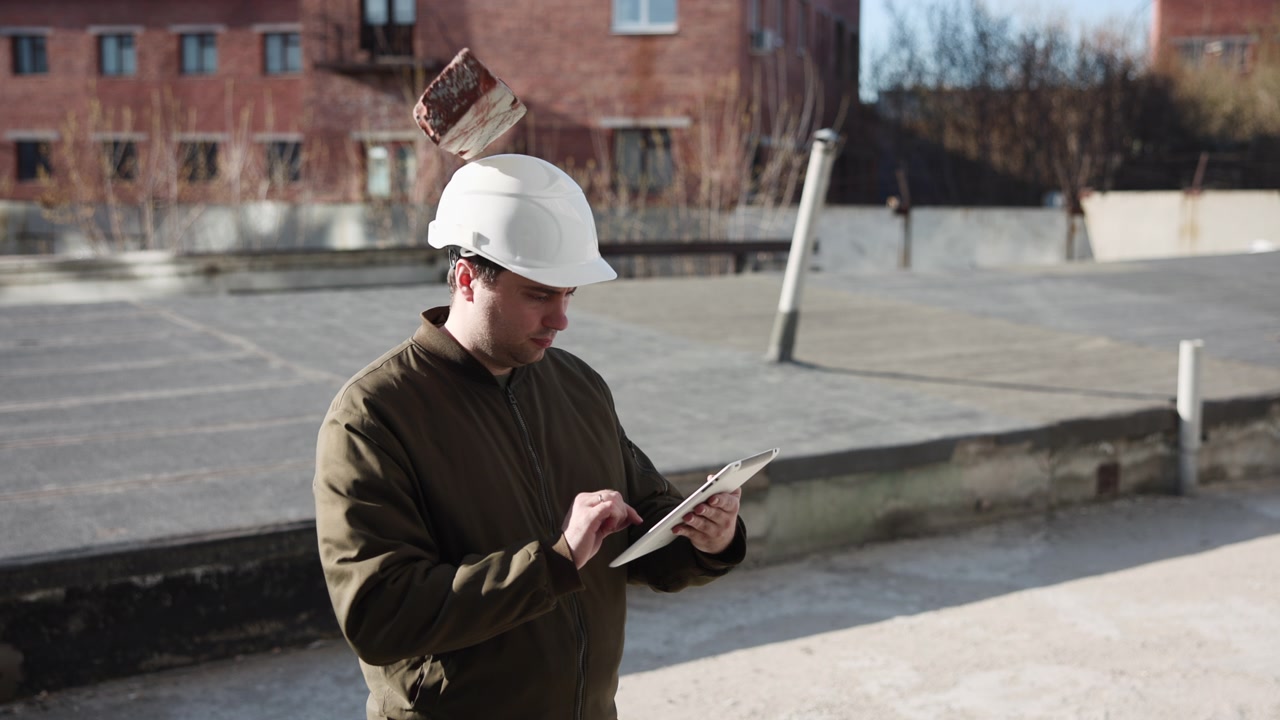 Caucasian Construction Inspector On Rooftop Checking Tablet Brick Strikes Hard Hat In Near Miss, Worker. Media