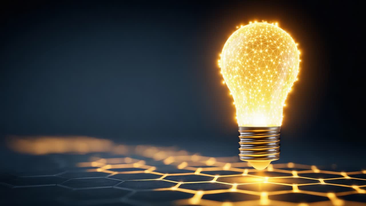 Una brillante lampadina si illumina con energia scintillante su uno sfondo a motivo esagonale, rappresentando innovazione, creatività e idee brillanti in un contesto di design moderno.
