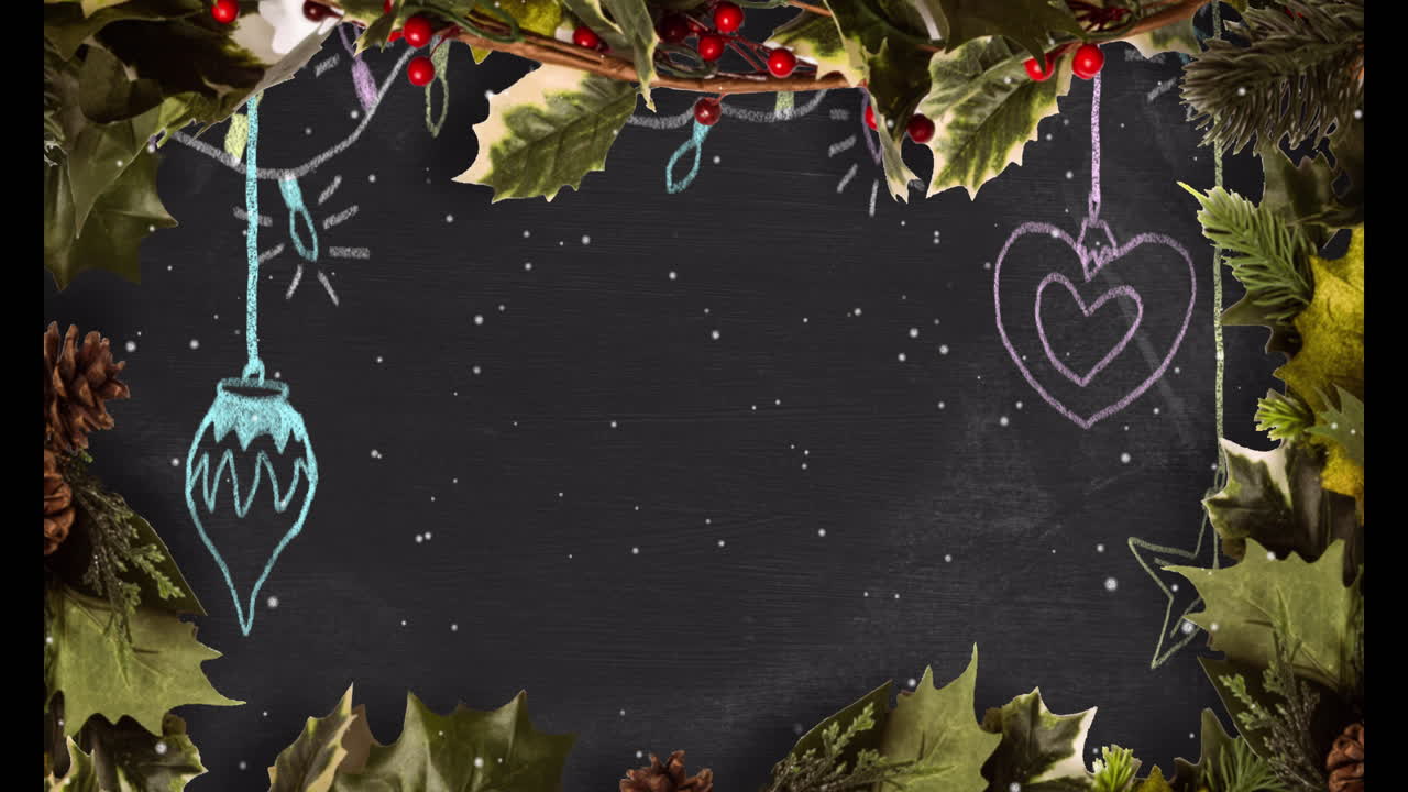 Animation of snow falling over holly and baubles with copy space on black background