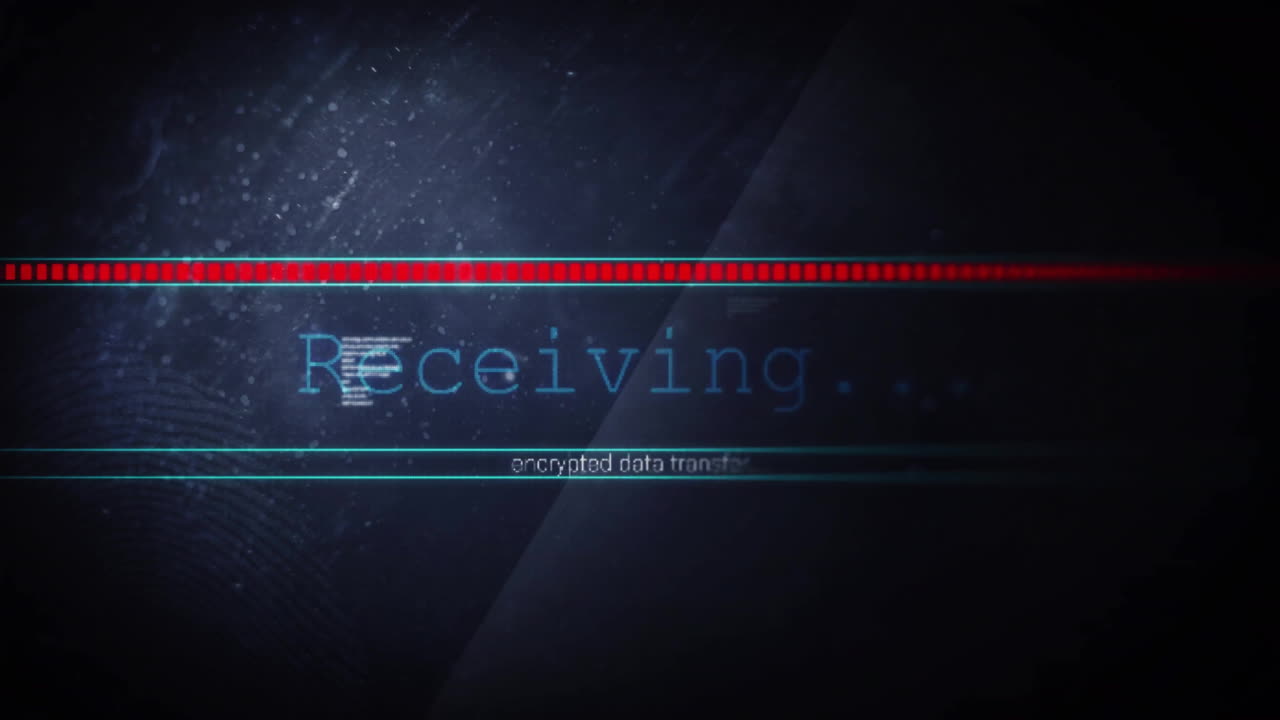 Animation of text and data processing over dark background