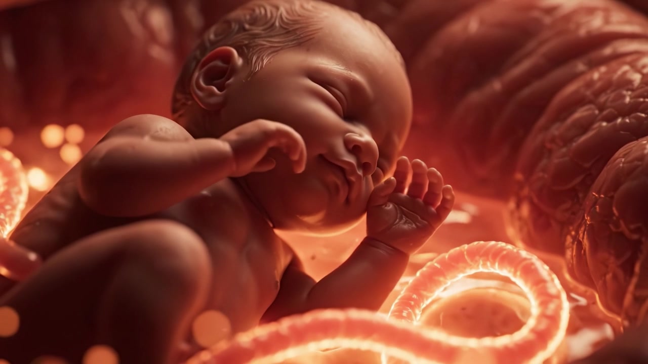 Un viaggio affascinante nella vita: un neonato sereno nell'abbraccio del calore, circondato da texture organiche e illuminazioni colorate che riflettono vitalità e crescita