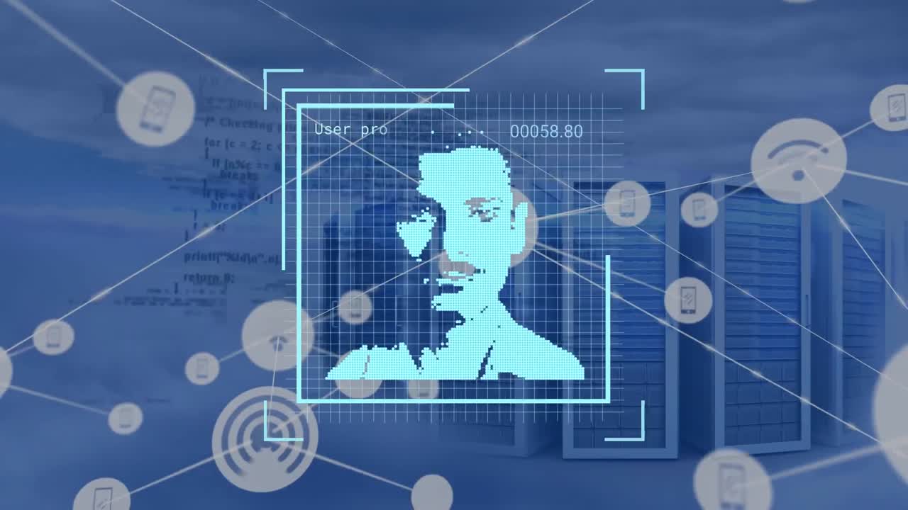 Animation of network of digital icons and profile icons against computer servers in the clouds