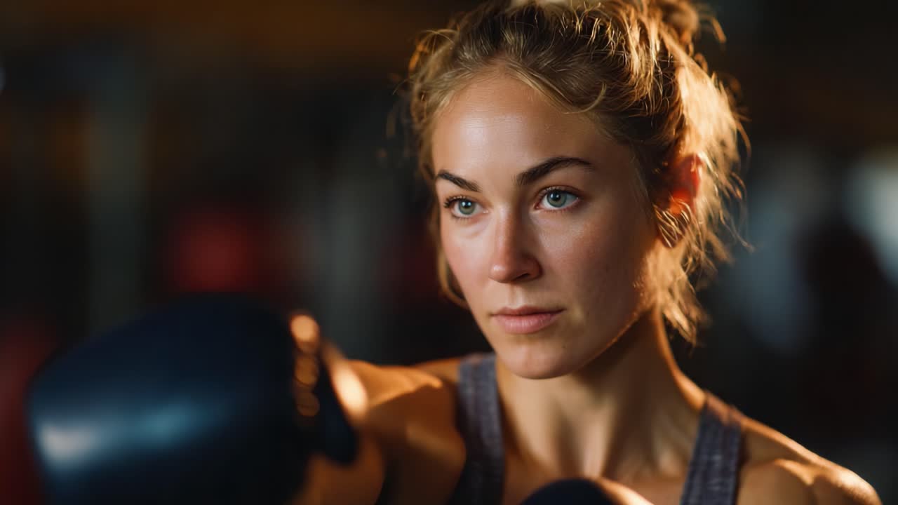 Boxer concentrata che si prepara all'azione con espressione determinata e postura atletica, catturando l'essenza della forza e dell'abilità in ogni pugno