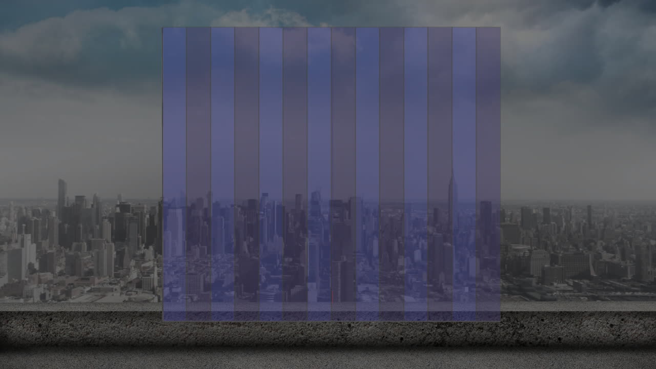 Concrete ledge framing urban skyline being overlaid by semi-transparent blue grid bars