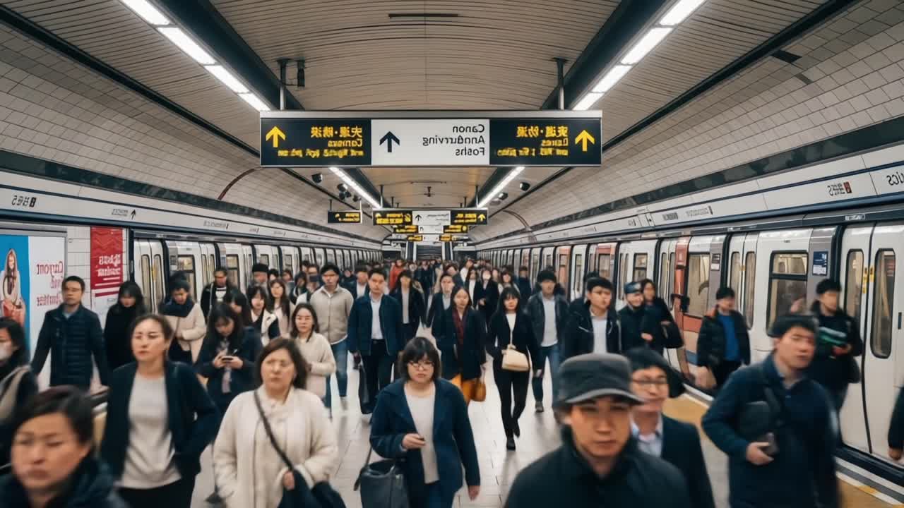 A Bustling Subway Station with a Crowd of Commuters Navigating Their Journey During Peak Hours in a Modern Urban Setting