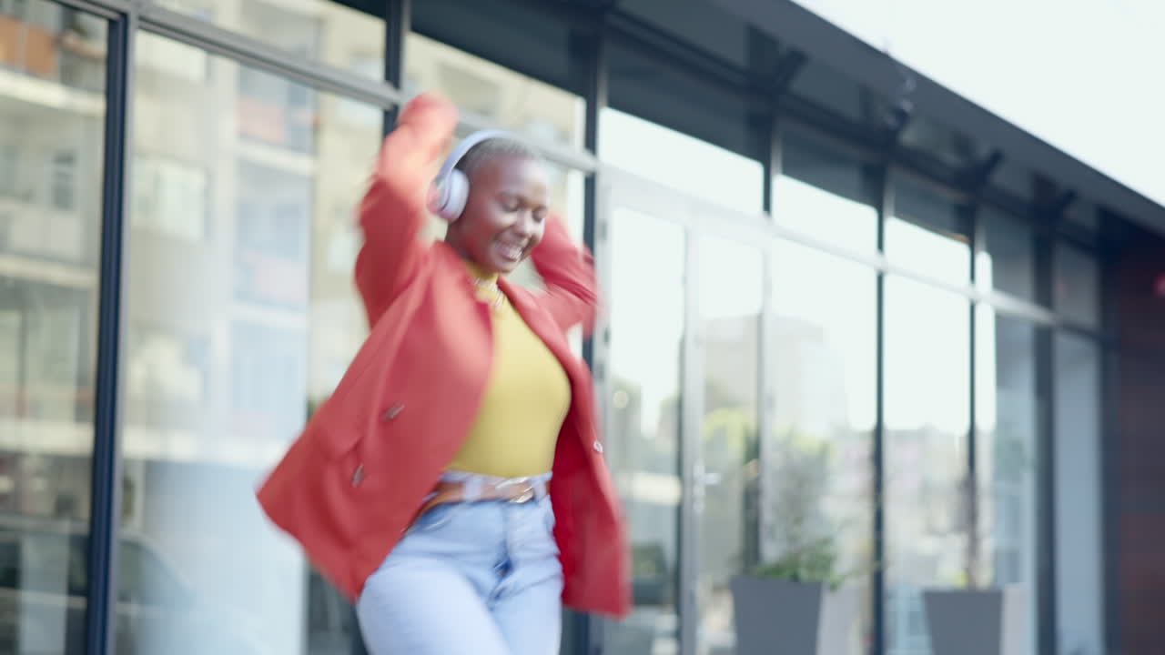 Happy dance, black woman and city street dancing