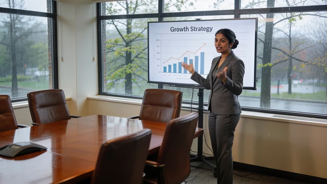 Vertical video: After slide South Asian woman in suit pointing, showing growth, office, copy space