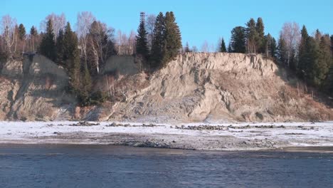 frozen river bank with eroded cliffs