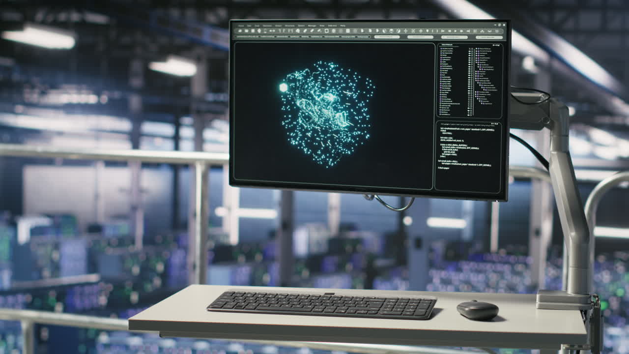 PC monitors on data center industrial platform displaying AI hardware status