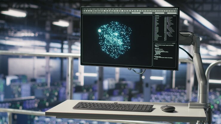 PC monitors on data center industrial platform displaying AI hardware status