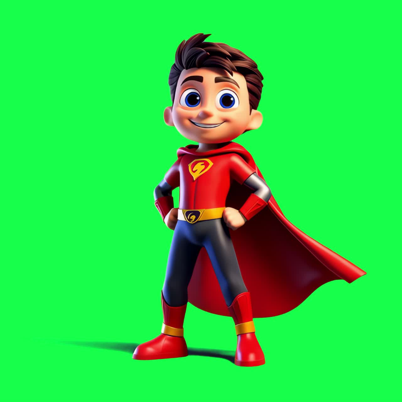 Animated superhero character posing confidently animation, transparent 4K video, green screen