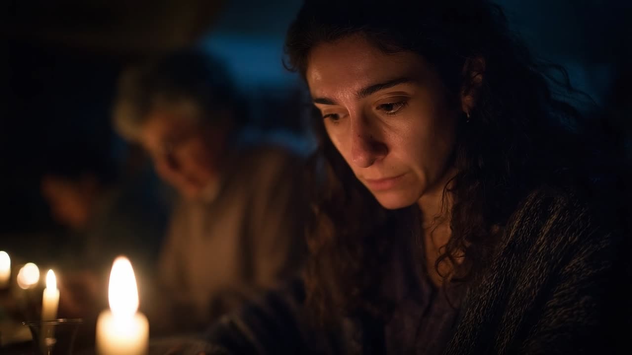 Candlelit evening gathering with focused individuals in warm atmosphere