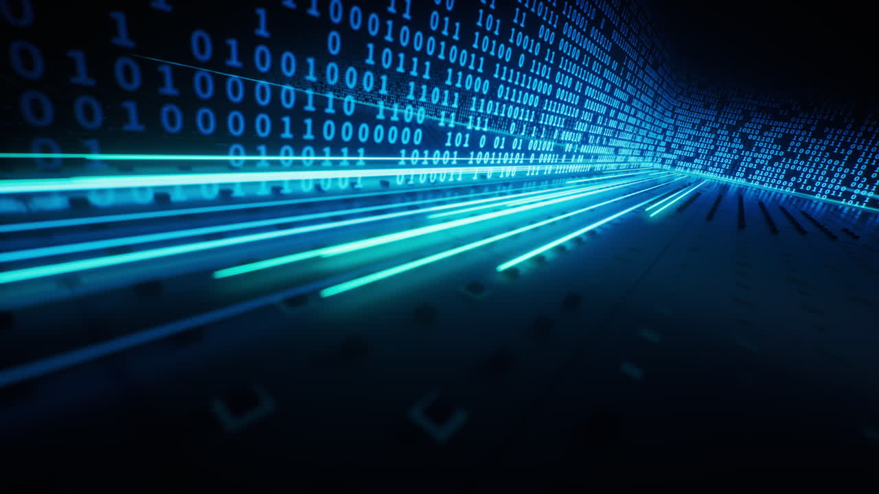 Flowing neon lines with binary data background, 3d rendering
