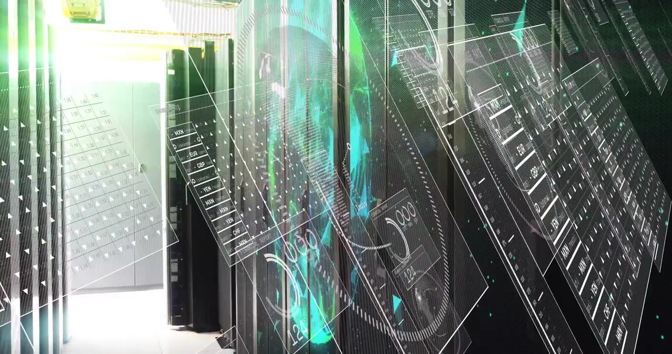 On startup, data column materializing inside server racks, panels rotating, displaying network info